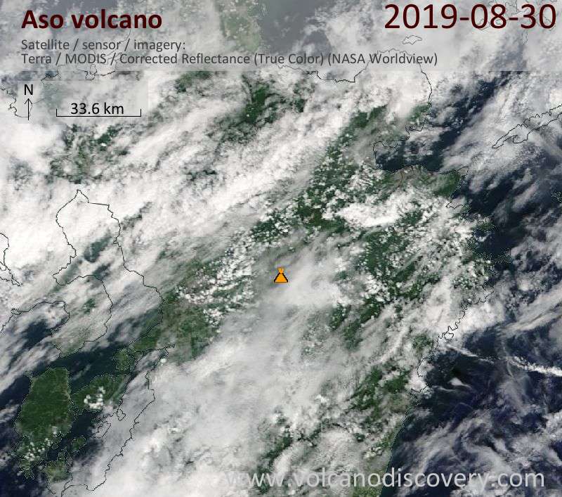 Satellitenbild des Aso Vulkans am 30 Aug 2019