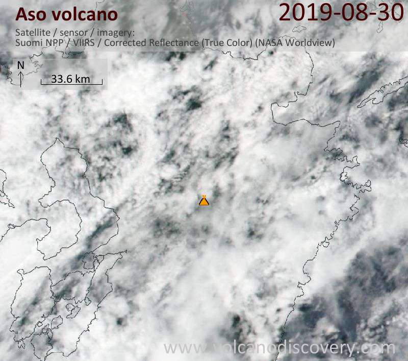 Satellitenbild des Aso Vulkans am 31 Aug 2019