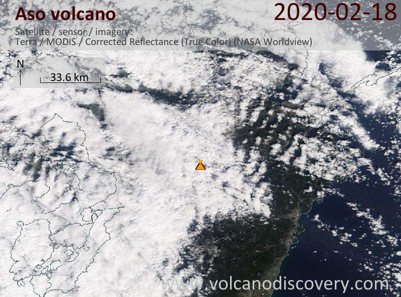 Satellitenbild des Aso Vulkans am 18 Feb 2020