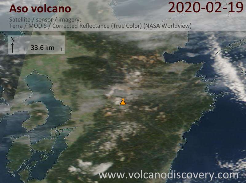 Satellitenbild des Aso Vulkans am 19 Feb 2020
