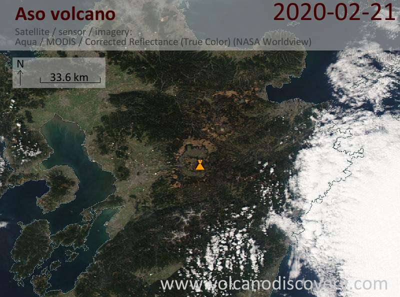Satellitenbild des Aso Vulkans am 21 Feb 2020