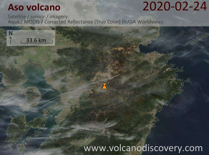 Satellitenbild des Aso Vulkans am 25 Feb 2020