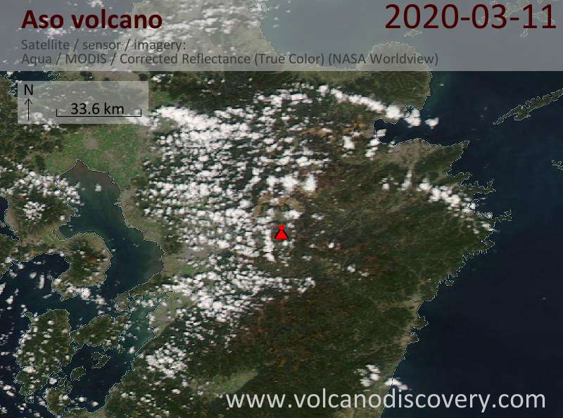 Satellitenbild des Aso Vulkans am 11 Mar 2020