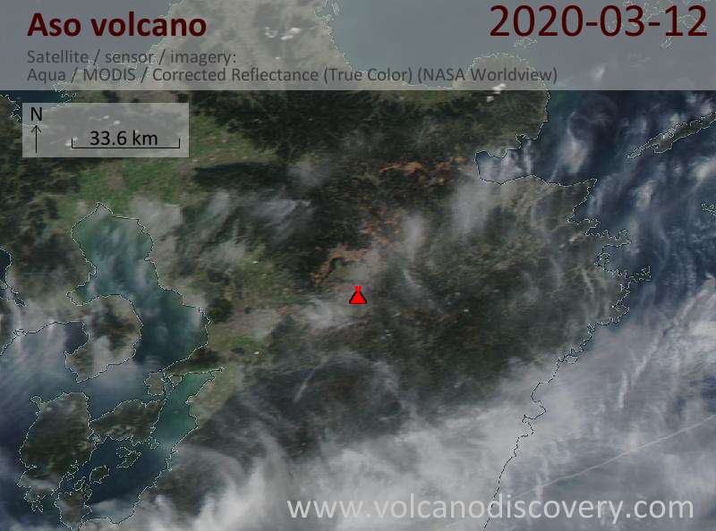 Satellitenbild des Aso Vulkans am 13 Mar 2020