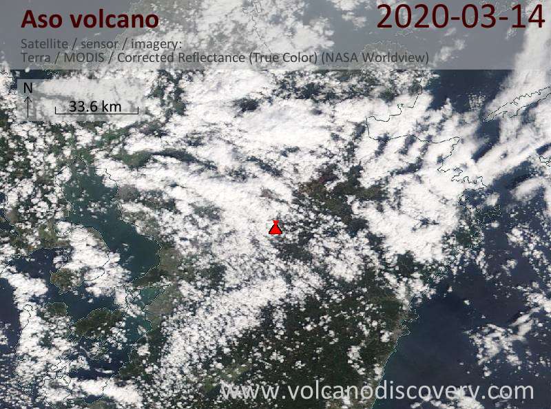 Satellitenbild des Aso Vulkans am 14 Mar 2020