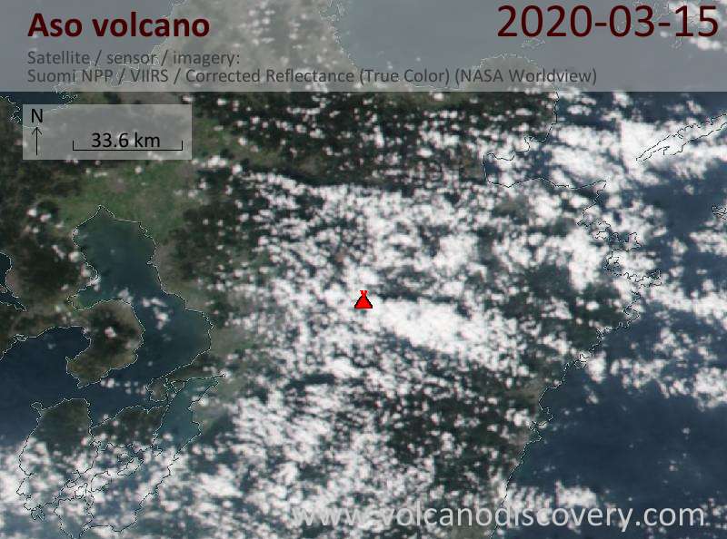 Satellitenbild des Aso Vulkans am 15 Mar 2020