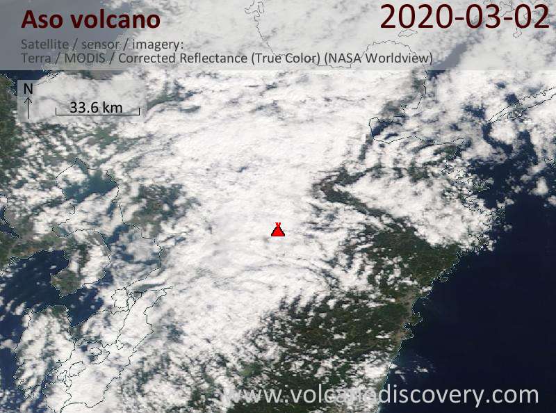 Satellitenbild des Aso Vulkans am  2 Mar 2020