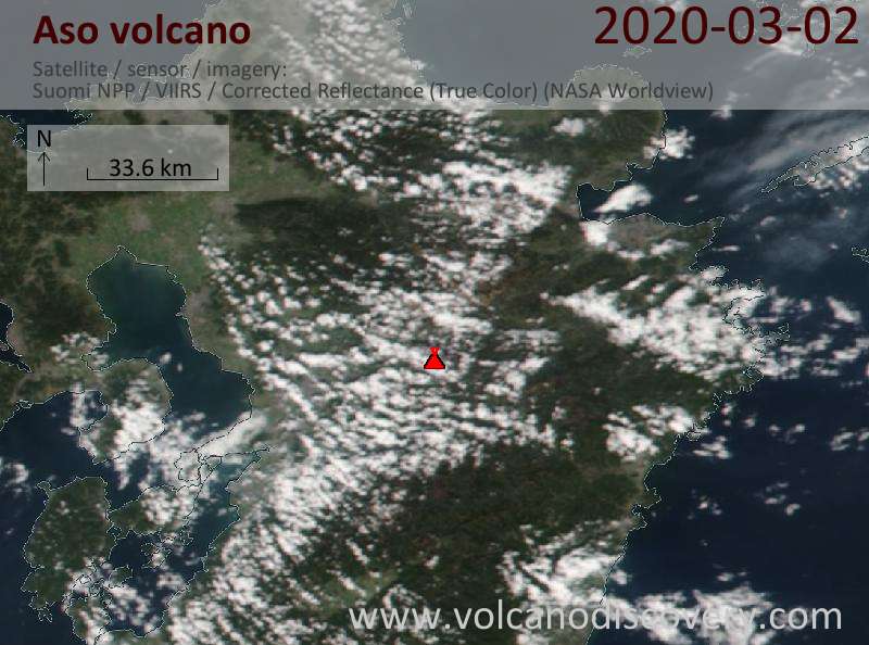 Satellitenbild des Aso Vulkans am  3 Mar 2020