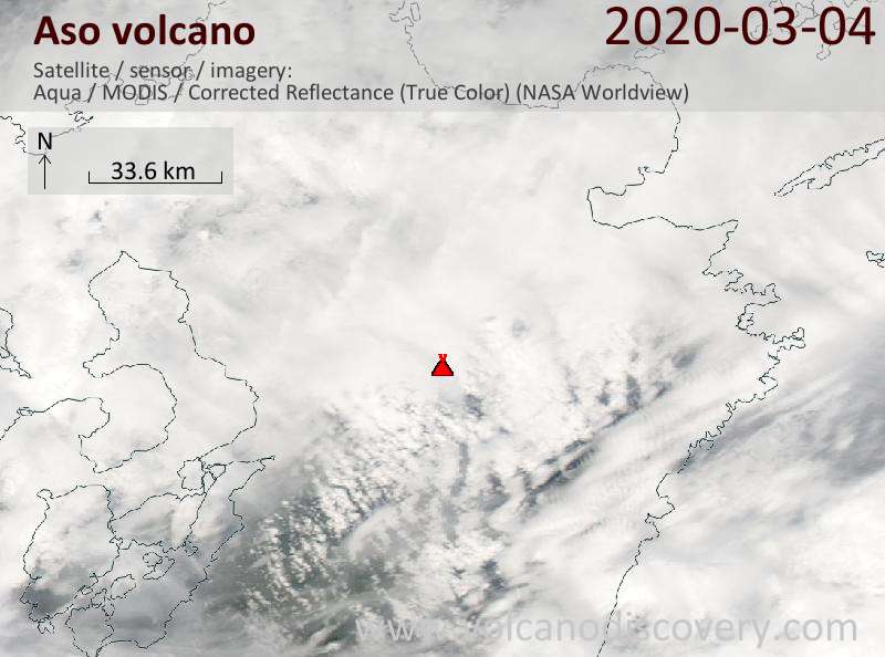 Satellitenbild des Aso Vulkans am  4 Mar 2020