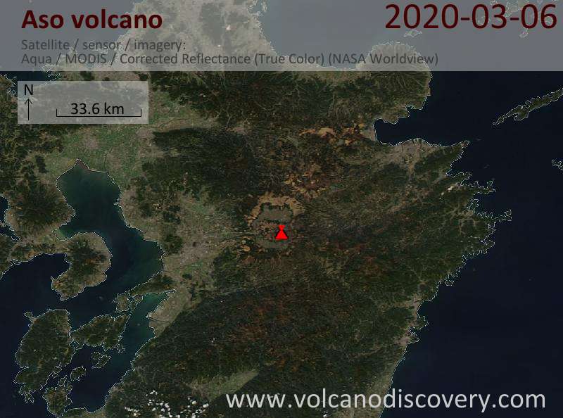 Satellitenbild des Aso Vulkans am  7 Mar 2020