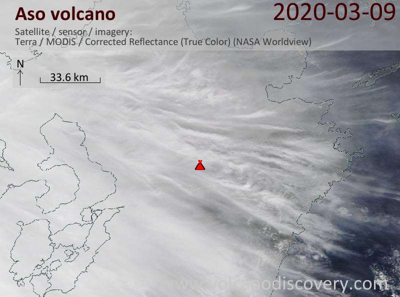 Satellitenbild des Aso Vulkans am  9 Mar 2020
