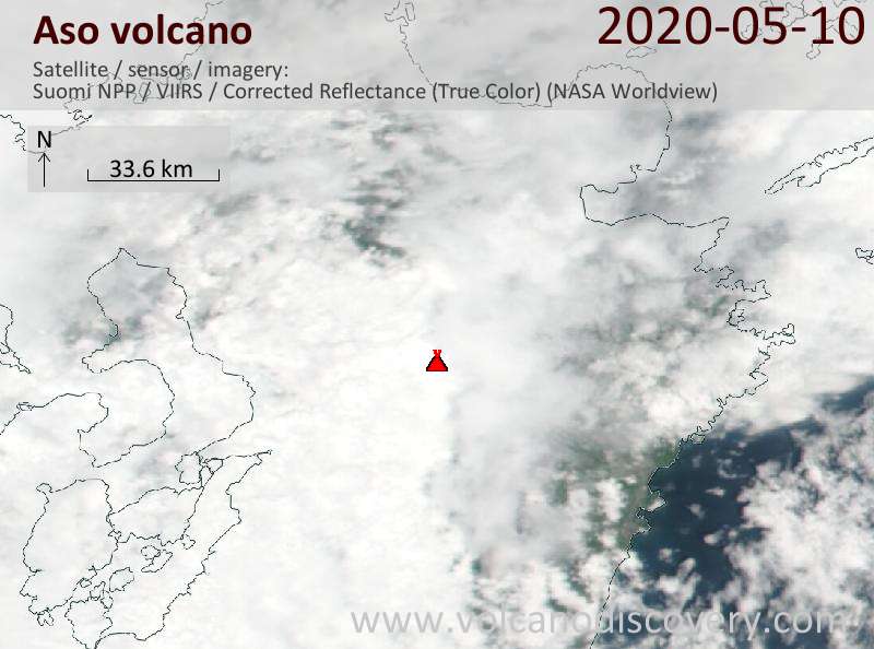 Satellitenbild des Aso Vulkans am 11 May 2020