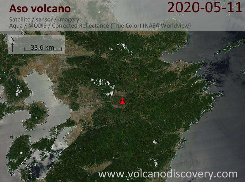 Satellitenbild des Aso Vulkans am 12 May 2020