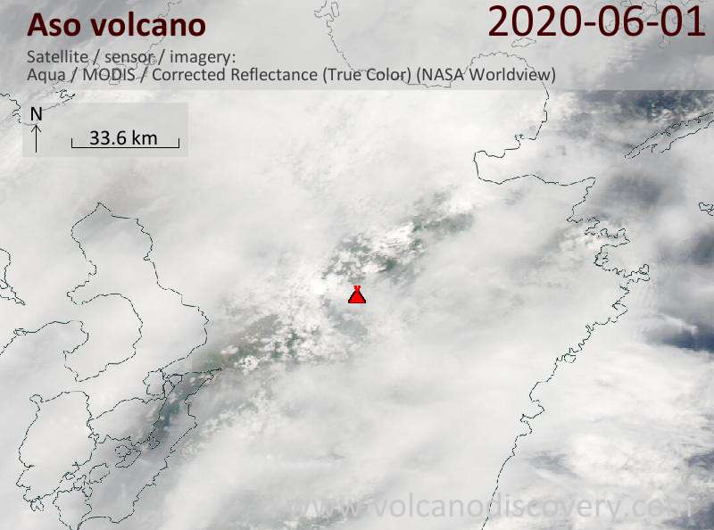 Satellitenbild des Aso Vulkans am  2 Jun 2020