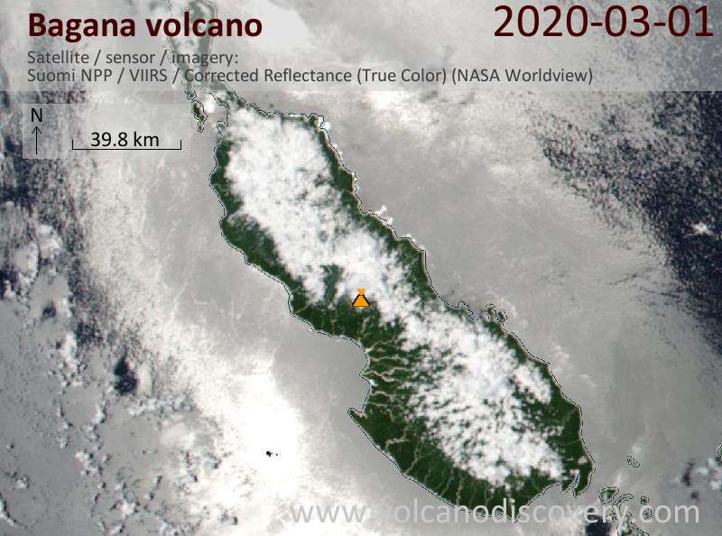 Satellite image of Bagana volcano on  1 Mar 2020