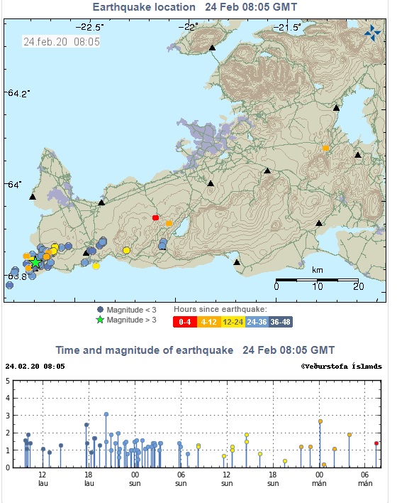 Earthquakes during the last 48 hours at the Reykjanes peninsula (image: IMO)
