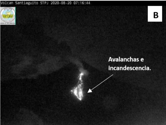 Incandescent avalanches from Santiaguito volcano on 20 August (image: INSIVUMEH)