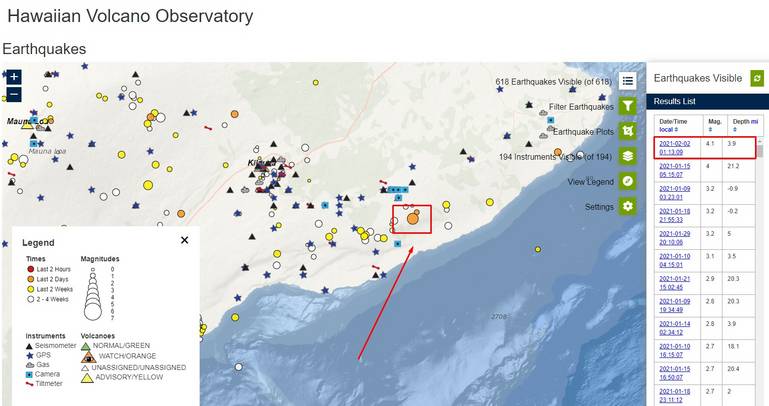 Red arrow shows the location of the earthquake M 4.1 on 1 Feb; red frame in the upper right corner of image shows magnitude, depth and date/time of the earthquake (image: HVO)