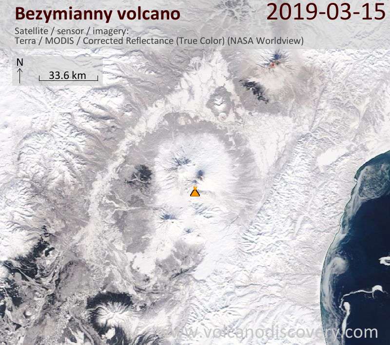 Satellite image of Bezymianny volcano on 15 Mar 2019