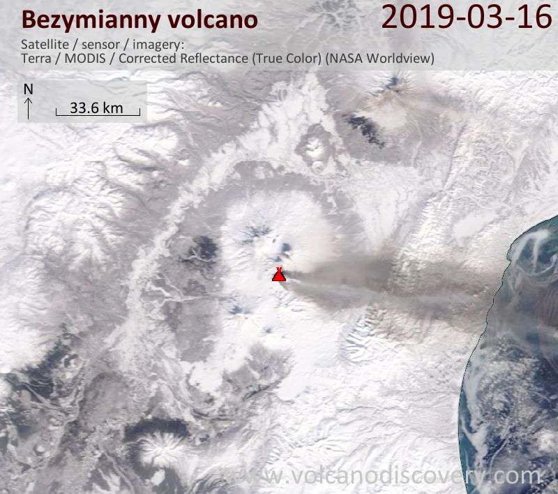Satellite image of Bezymianny volcano on 16 Mar 2019
