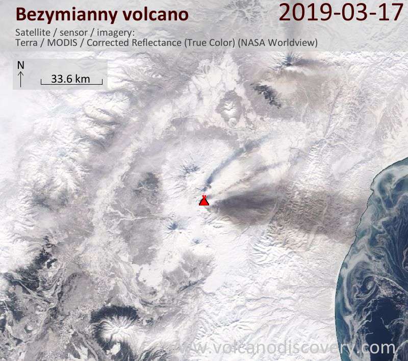Satellite image of Bezymianny volcano on 17 Mar 2019