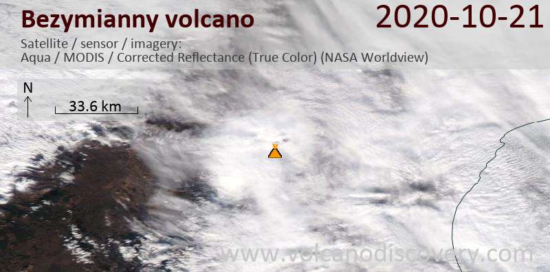 Satellitenbild des Bezymianny Vulkans am 21 Oct 2020