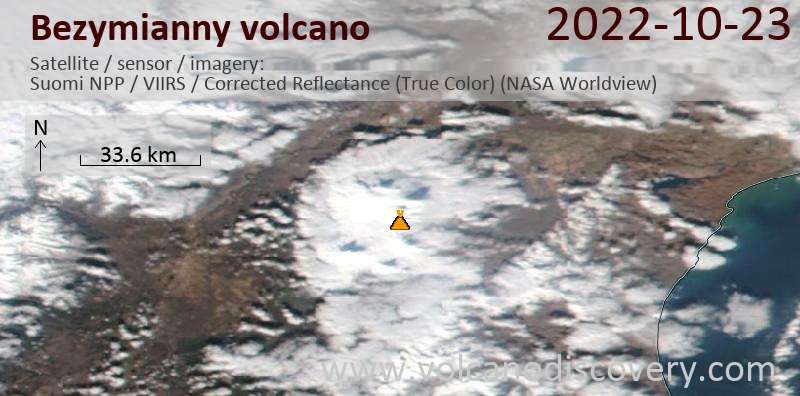 Satellitenbild des Bezymianny Vulkans am 23 Oct 2022