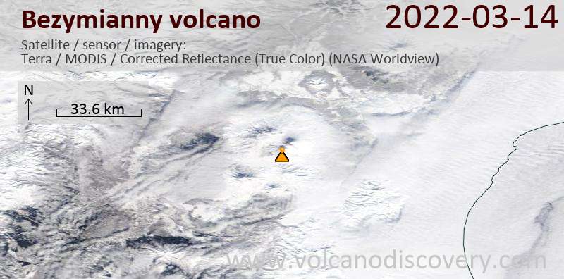 Satellitenbild des Bezymianny Vulkans am 15 Mar 2022