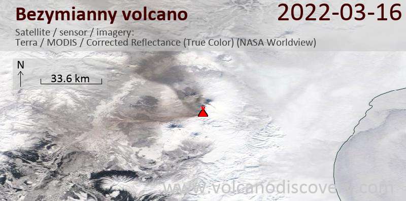 Satellitenbild des Bezymianny Vulkans am 16 Mar 2022