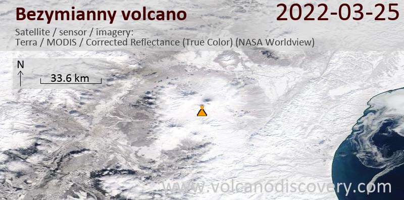 Satellitenbild des Bezymianny Vulkans am 25 Mar 2022