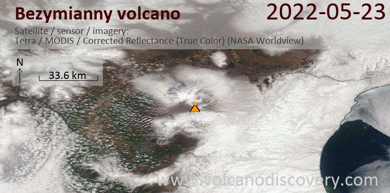 Спутниковое изображение вулкана Bezymianny 23 May 2022