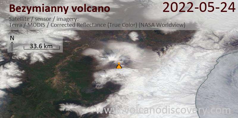 Спутниковое изображение вулкана Bezymianny 25 May 2022