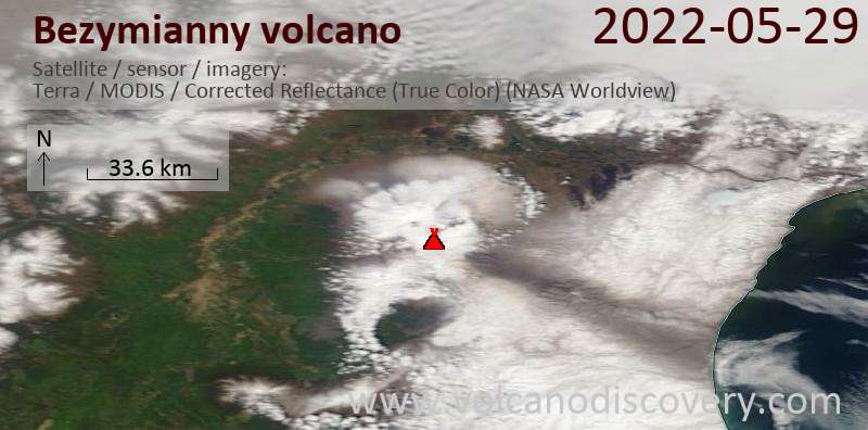 Satellite image of Bezymianny volcano on 29 May 2022