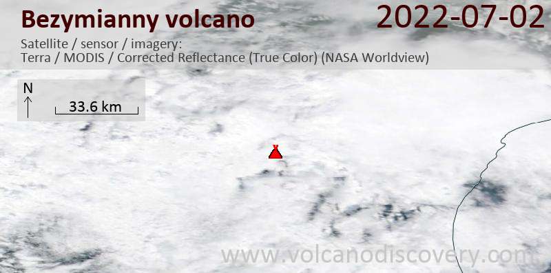 Satellite image of Bezymianny volcano on  2 Jul 2022