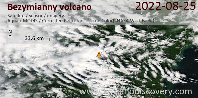 Спутниковое изображение вулкана Bezymianny 26 Aug 2022