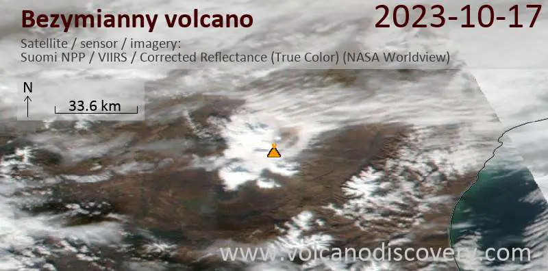 Satellite image of Bezymianny volcano on 19 Oct 2023