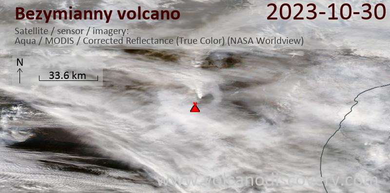 Satellite image of Bezymianny volcano on 30 Oct 2023