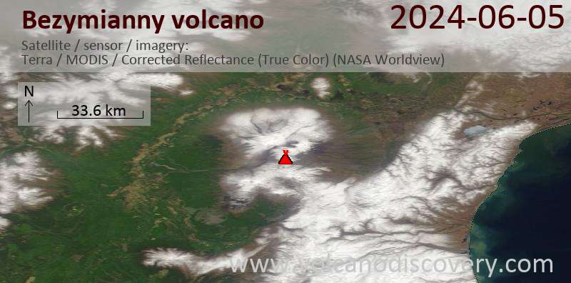 Satellite image of Bezymianny volcano on  5 Jun 2024