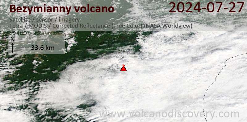 Satellitenbild des Bezymianny Vulkans am 27 Jul 2024
