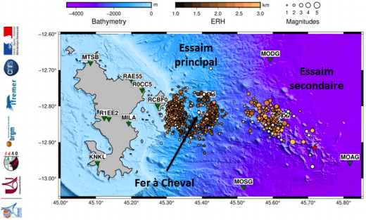 Map of earthquakes occurring from the 12 May 2020 to the 1 October 2020, located manually using on-land seismological stations and ocean bottom seismometers (OBS) data. The epicenter location is more precise than two years ago (the colour of dots corresponds to the estimated horizontal error on the location),  and smaller magnitudes (the size of dots corresponds to the magnitude) are detected. The two seismic areas are seen, and further East, the new volcano is represented by a red triangle. (image: REVOSIMA-IPGP)