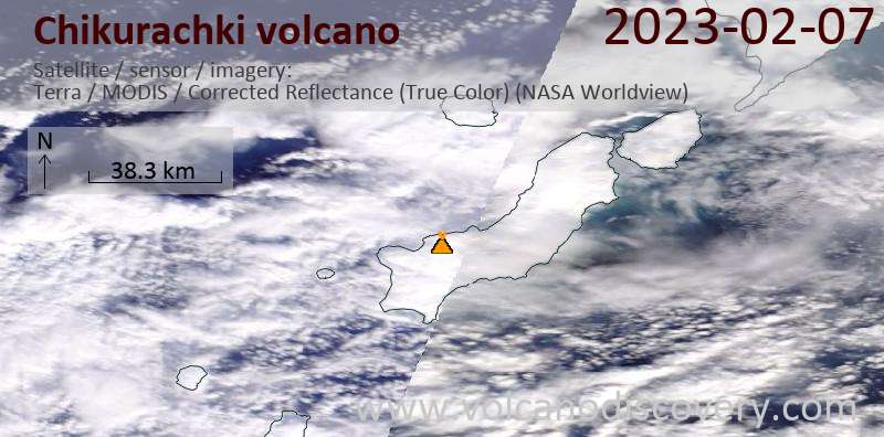 Satellite image of Chikurachki volcano on  7 Feb 2023