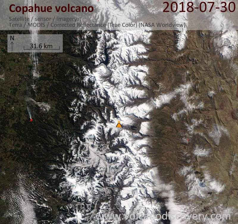 Satellite image of Copahue volcano on 30 Jul 2018