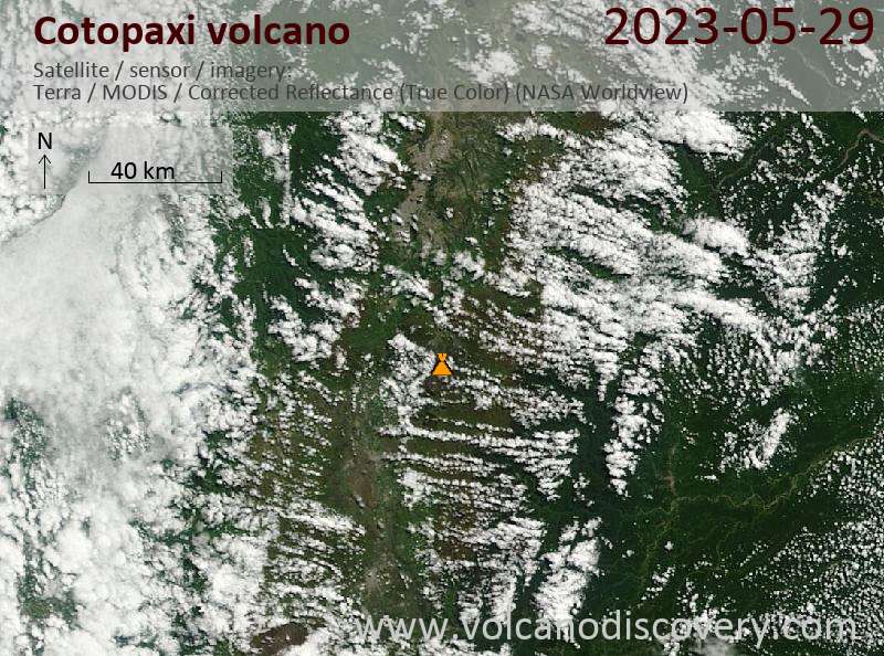 Satellitenbild des Cotopaxi Vulkans am 29 May 2023
