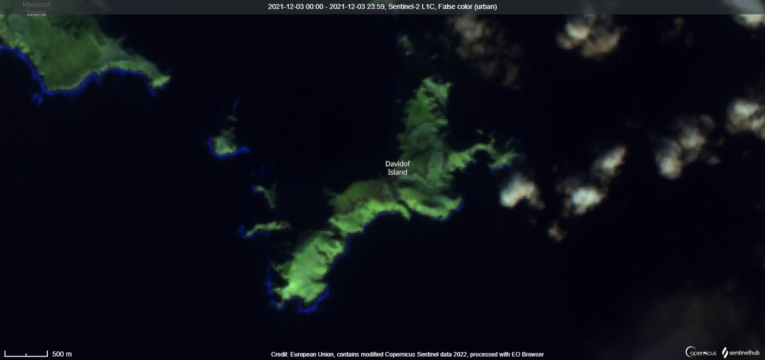 Davidof volcano from the satellite on 3 December (image: Sentinel 2)