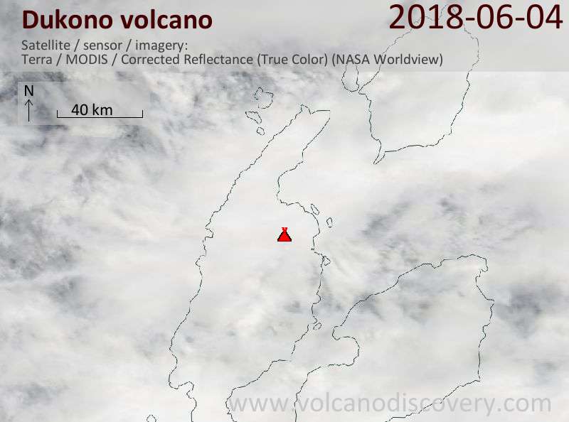 Satellite image of Dukono volcano on  4 Jun 2018