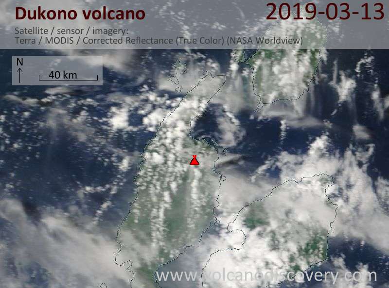 Satellitenbild des Dukono Vulkans am 13 Mar 2019