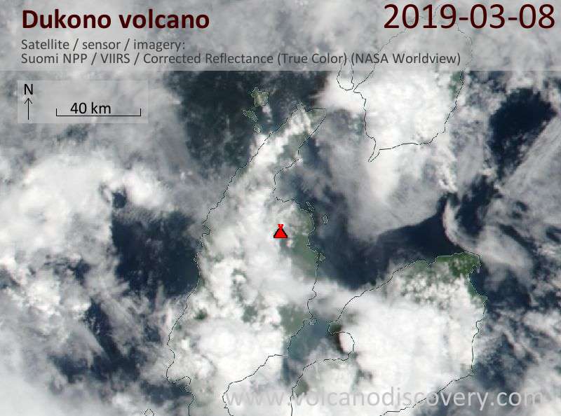 Satellitenbild des Dukono Vulkans am  8 Mar 2019