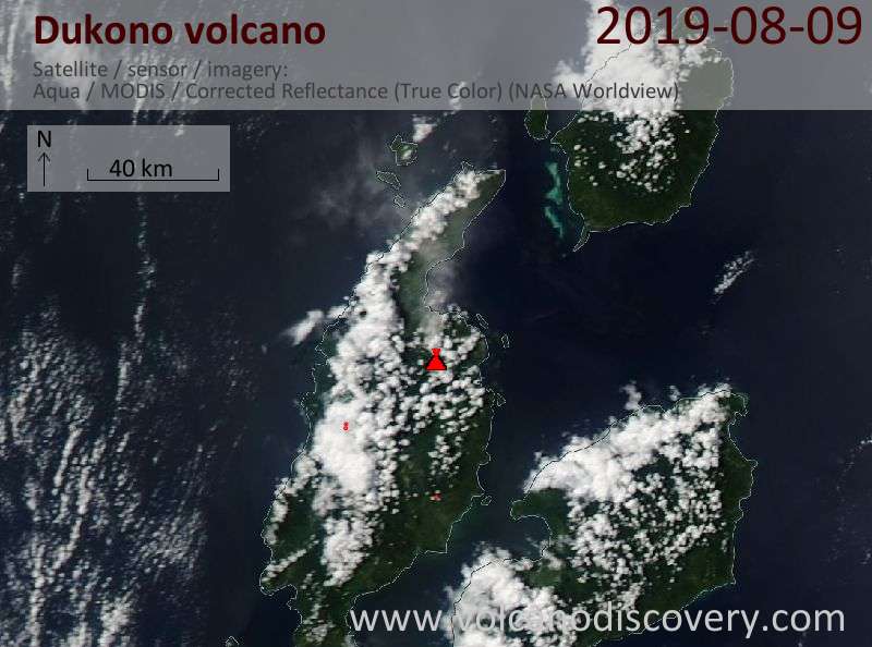 Satellitenbild des Dukono Vulkans am 10 Aug 2019