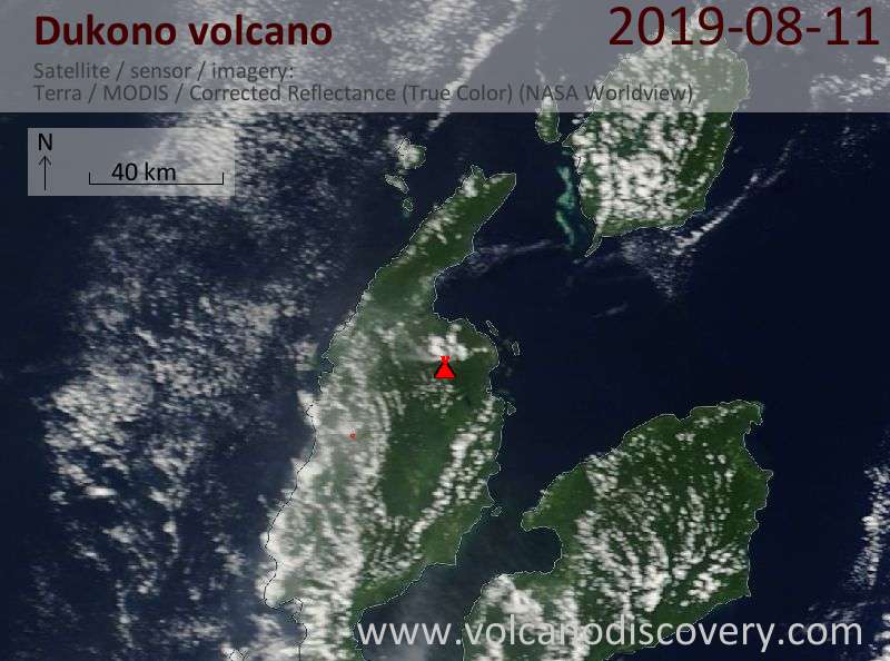 Satellitenbild des Dukono Vulkans am 11 Aug 2019