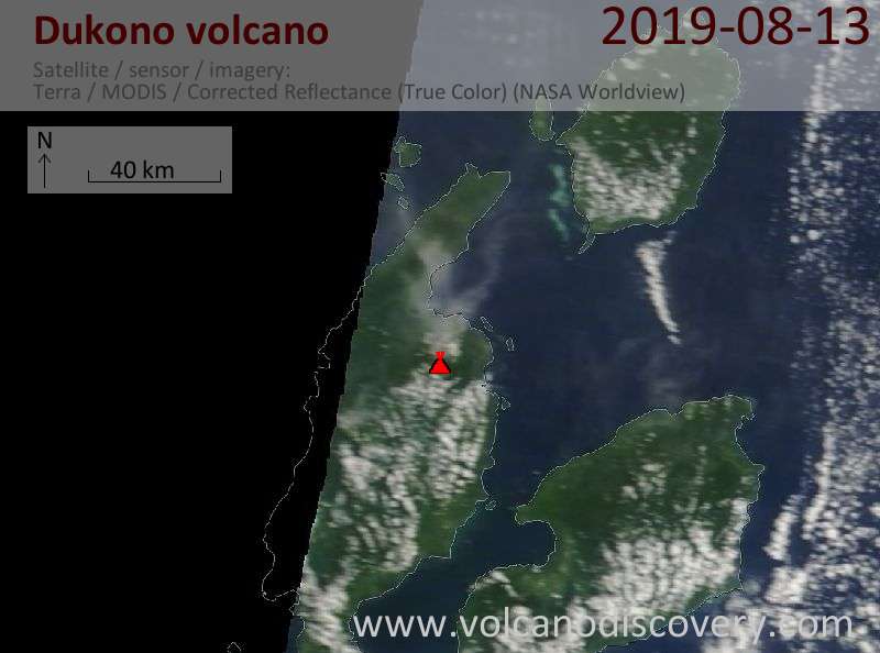 Satellitenbild des Dukono Vulkans am 13 Aug 2019